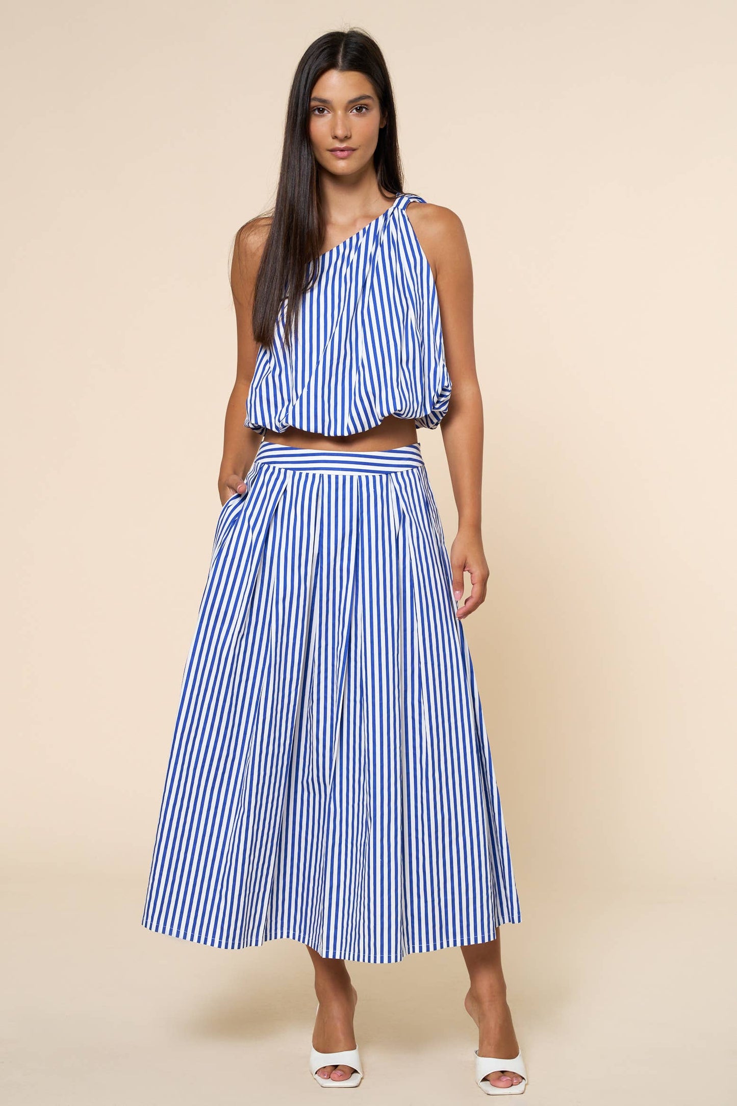 Striped One Shoulder Bubble Sleeveless Crop Top