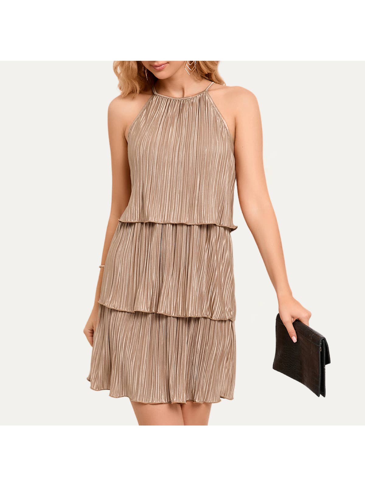 Always Attractive Crinkle Halter Tiered Mini Dress