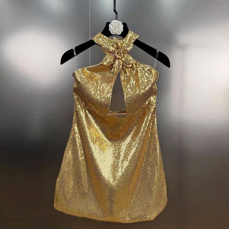 Elegant Sequined Slim Backless Dress for Evening
