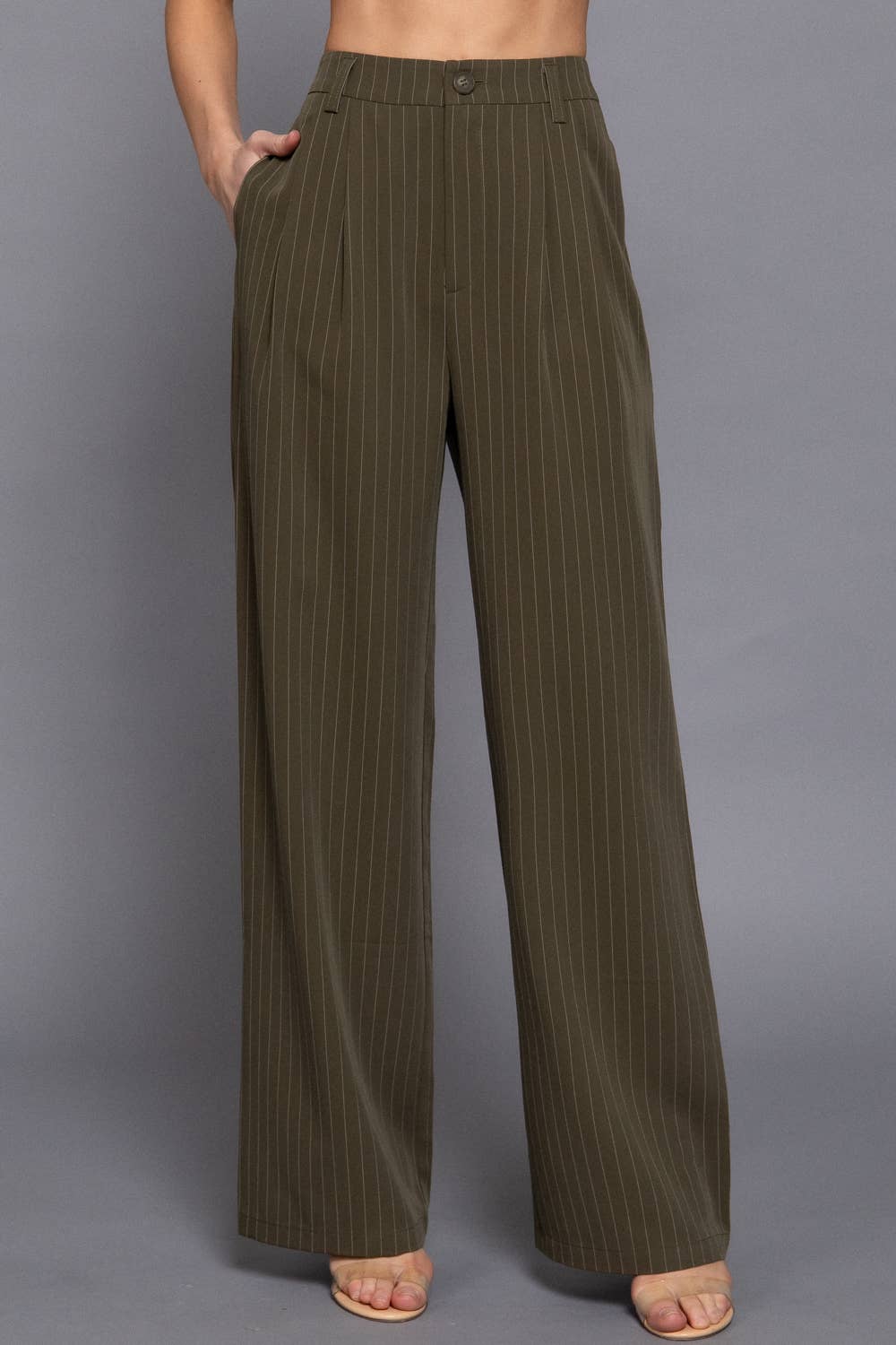 Pin Stripe Woven Straight Pants - Olive