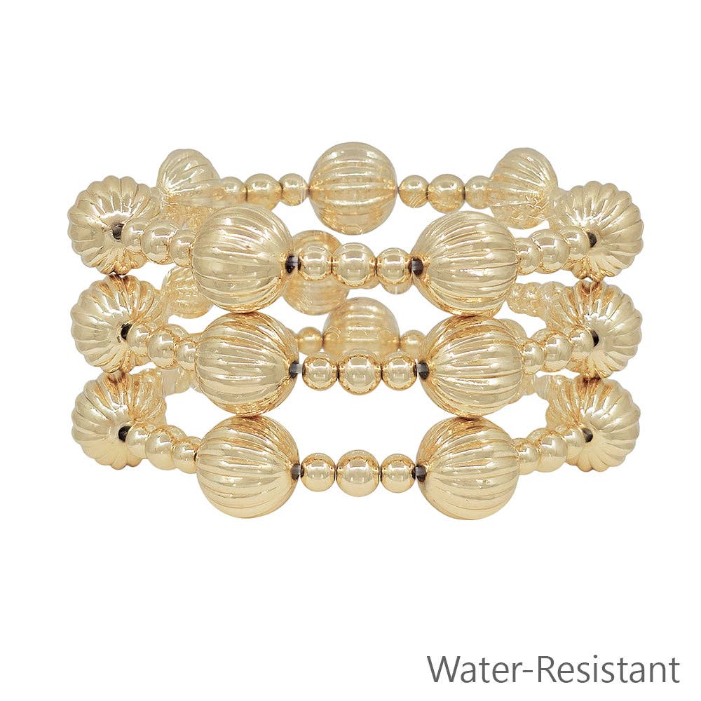 Water Resistant Set of 3 Gold Beaded with 14MM Textured Beaded Bracelet Set