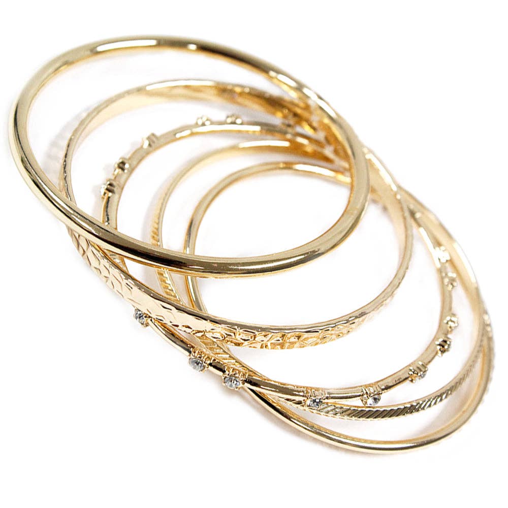 Set of 5 Thin Textured Gold Bangle Bracelets