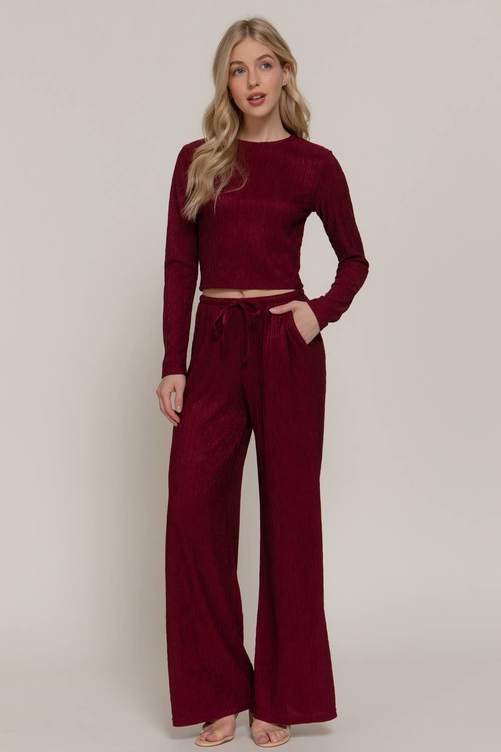 Long Sleeve Top & Long Pants Set - Wine