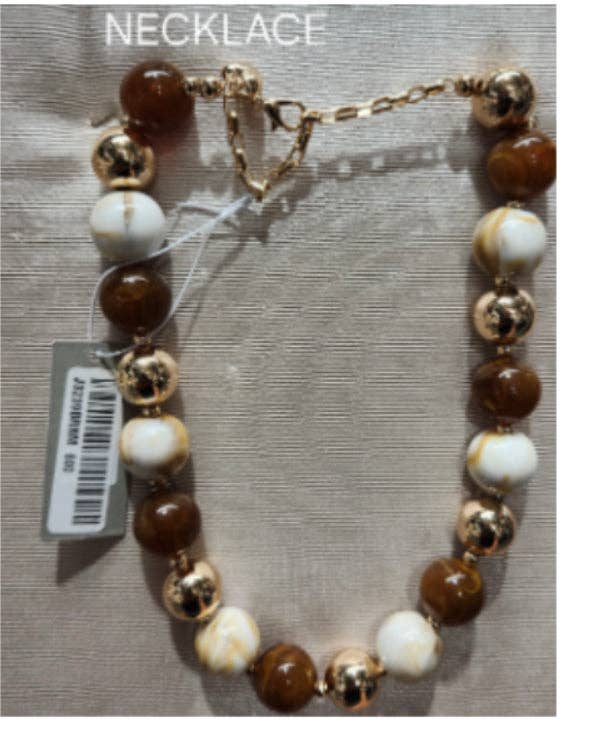 Brown and White Natural Stone with Gold 16"-18" Necklace
