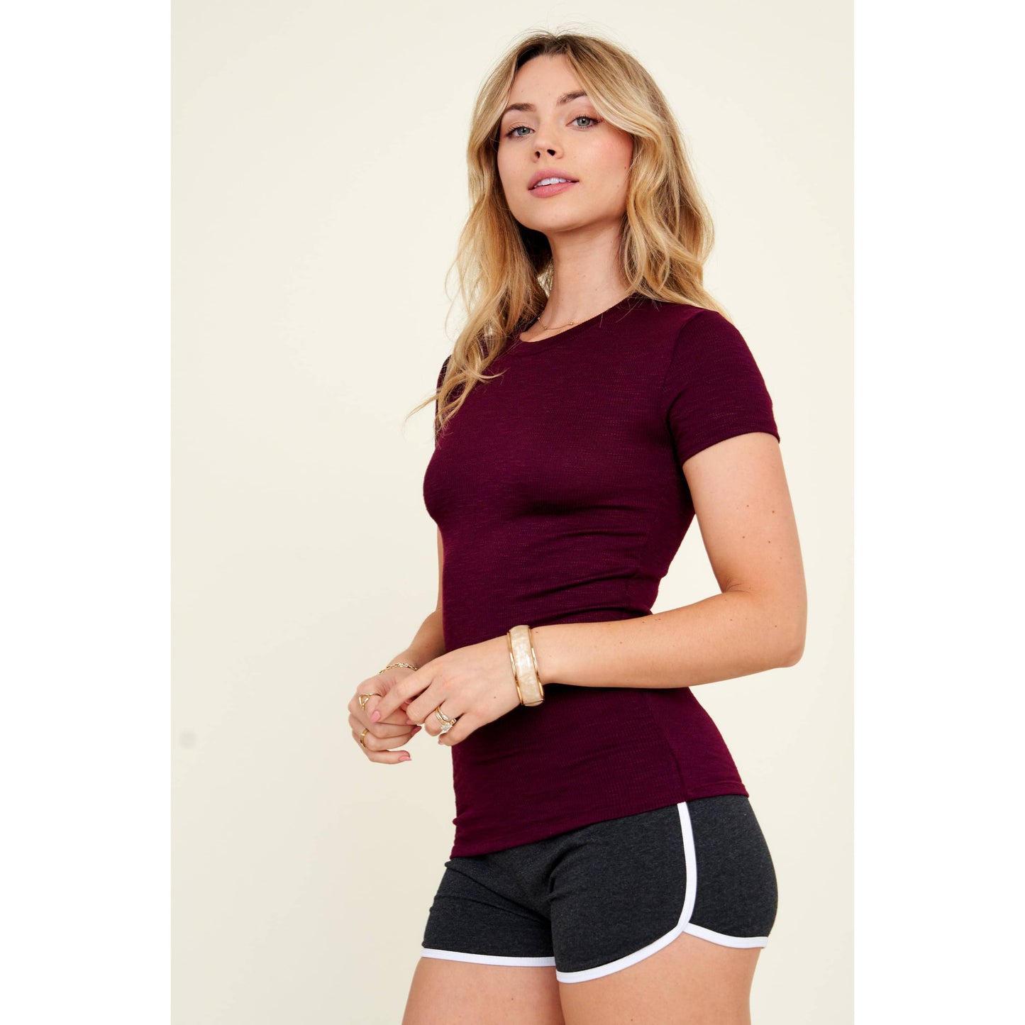 Crew Neck Short Sleeve Rib Knit Basic Tee