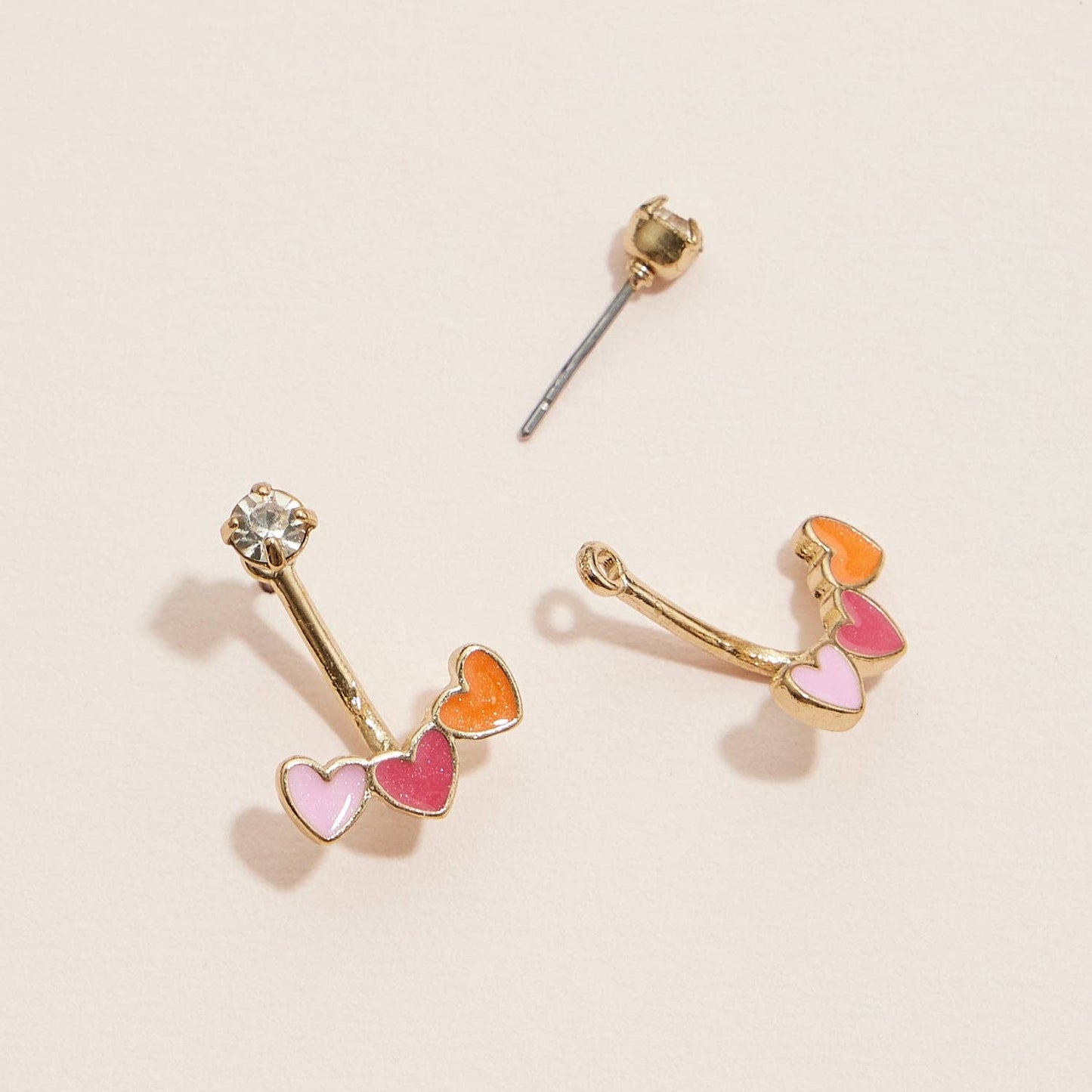 Heart Ear Jacket Enamel Earrings with Crystal Studs