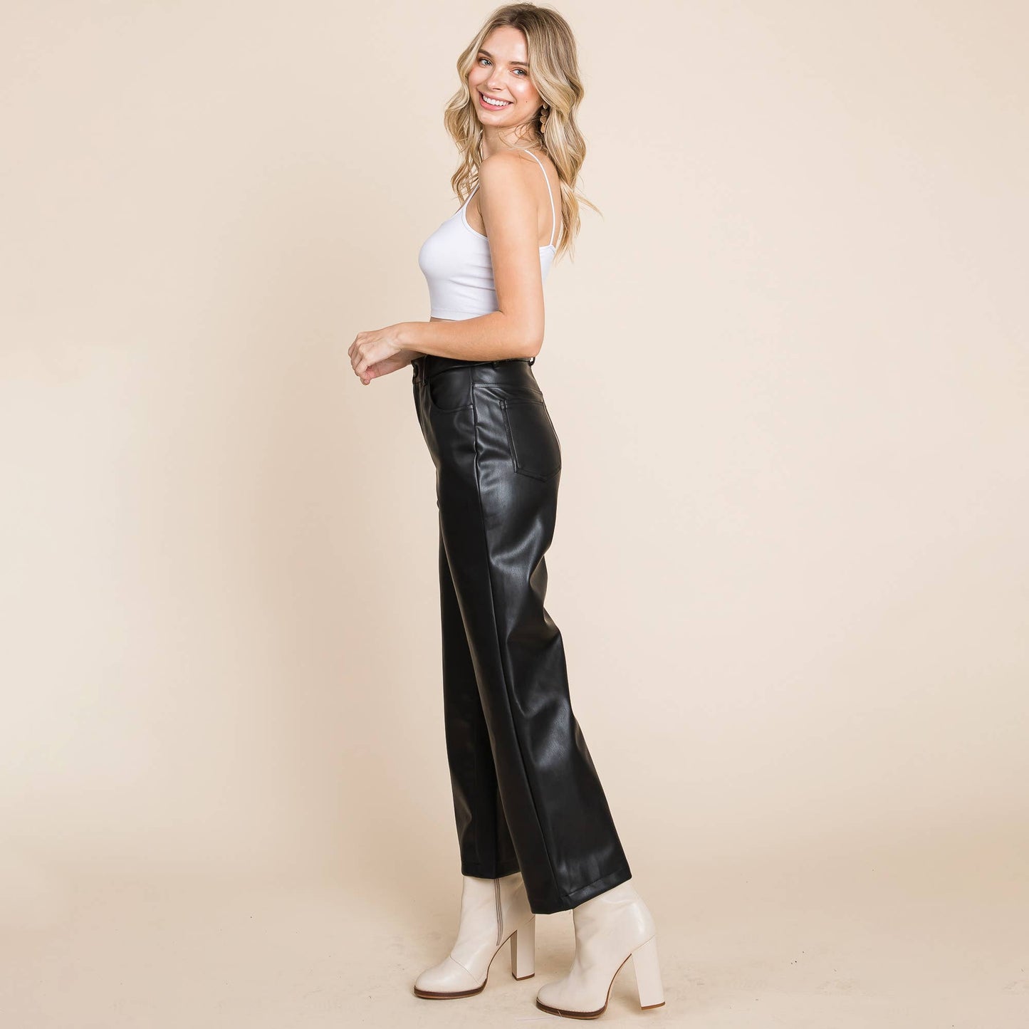 Wide Leg Fleece Faux Leather Pants