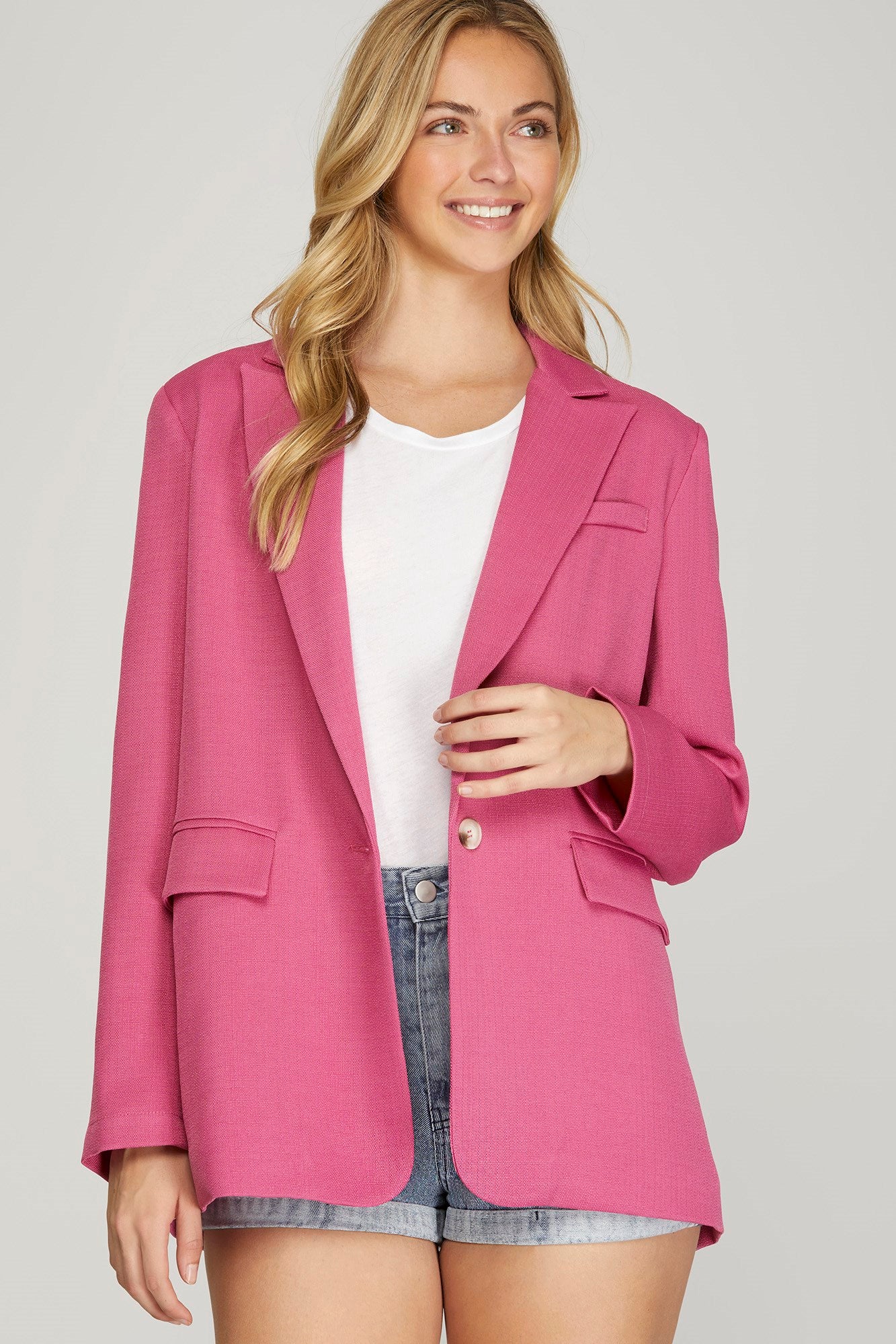 Single Breasted Woven Blazer with Front Pockets in Pink