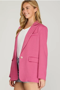 Single Breasted Woven Blazer with Front Pockets in Pink