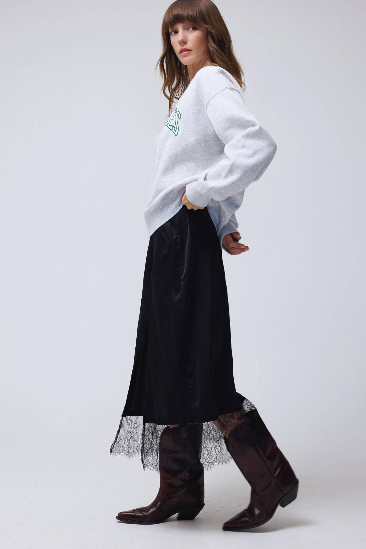 Lace Trim Satin effect Comfy Slit Midi Skirt