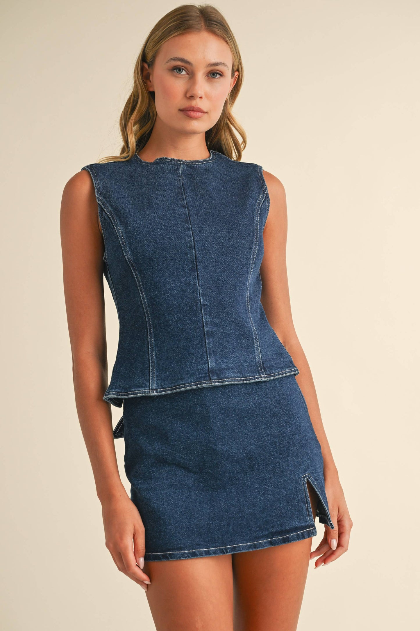 Denim Open Back Top With Bow Detail & Mini Skirt