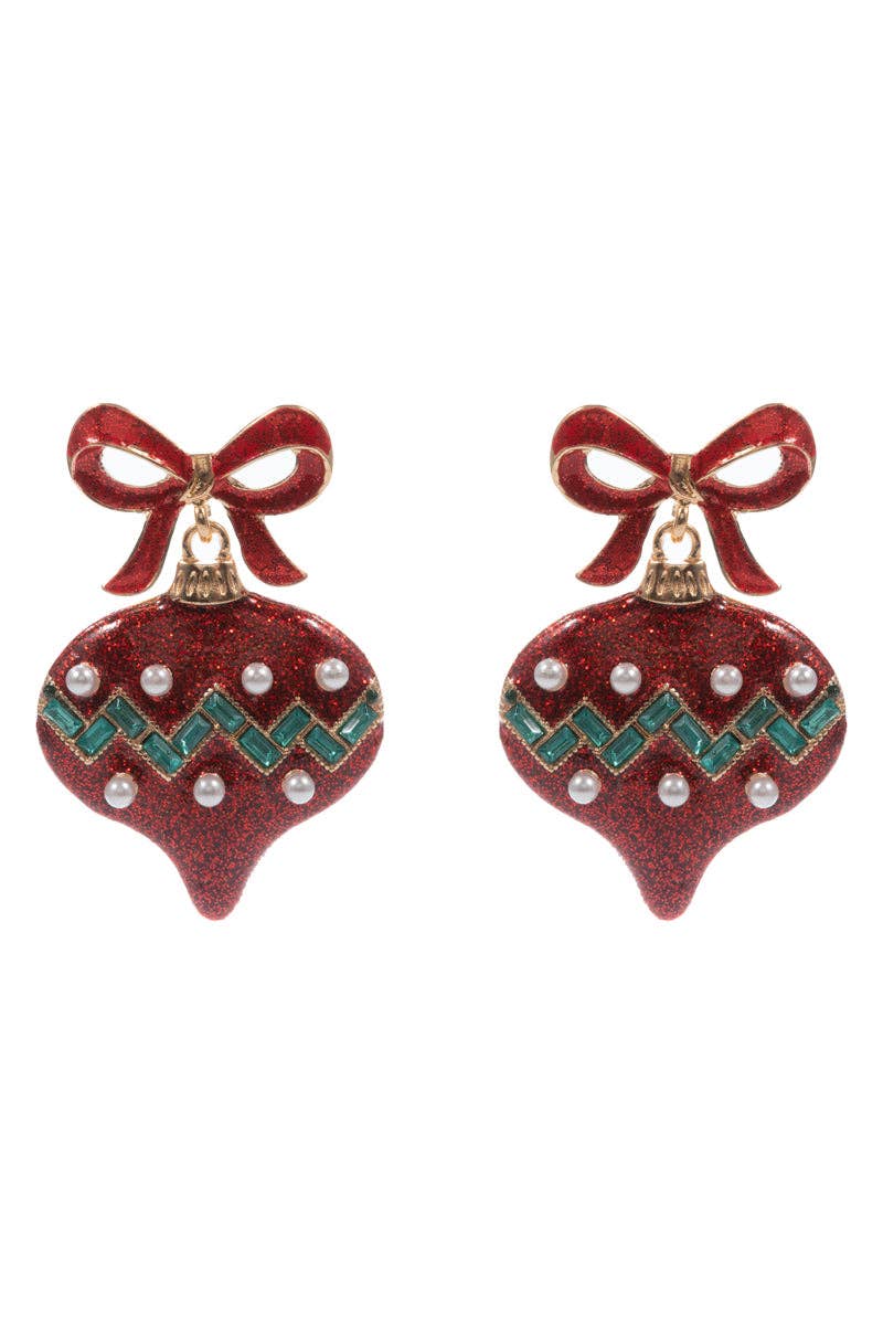 Red Bow with Red and Green Glitter Ornament 2" Christmas Earring