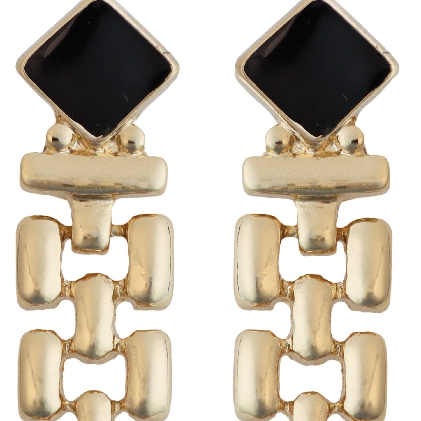 Black Enamel Square with Gold Geometric Drop 2" Earring