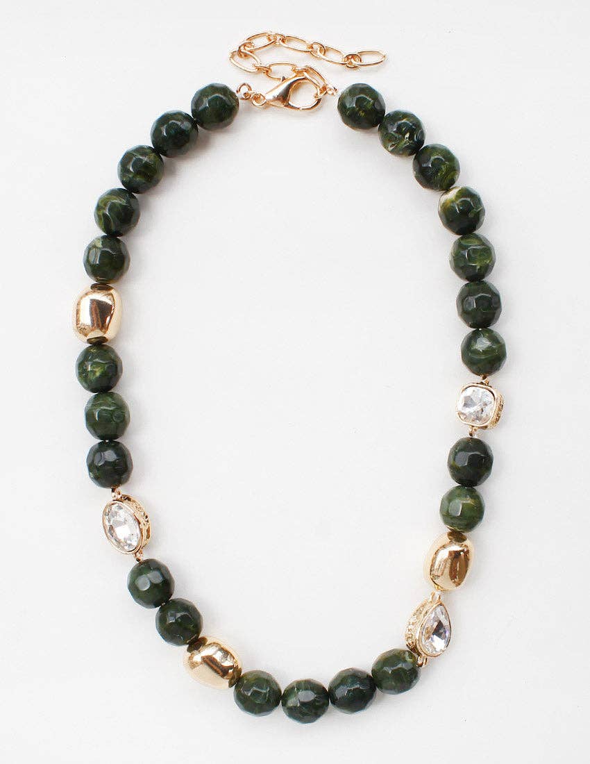 Green, Cream, and Gold Natural Stone 8mm Beaded 16"-18" Necklace