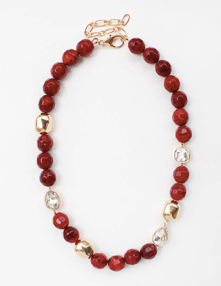 Maroon, Cream, and Gold Natural Stone 8mm Beaded 16"-18" Necklace