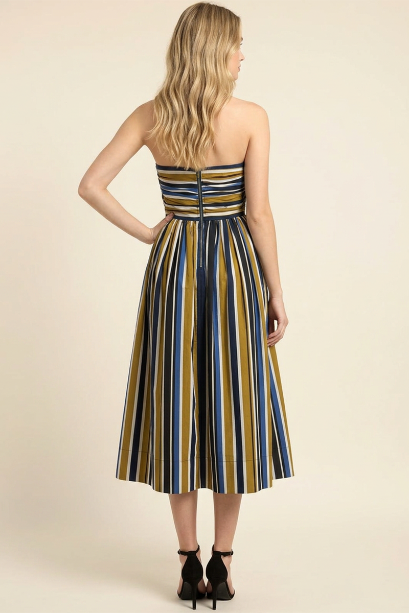 MULTI-COLOR STRIPE RUCHED TUBE MIDI DRESS - 6608DD