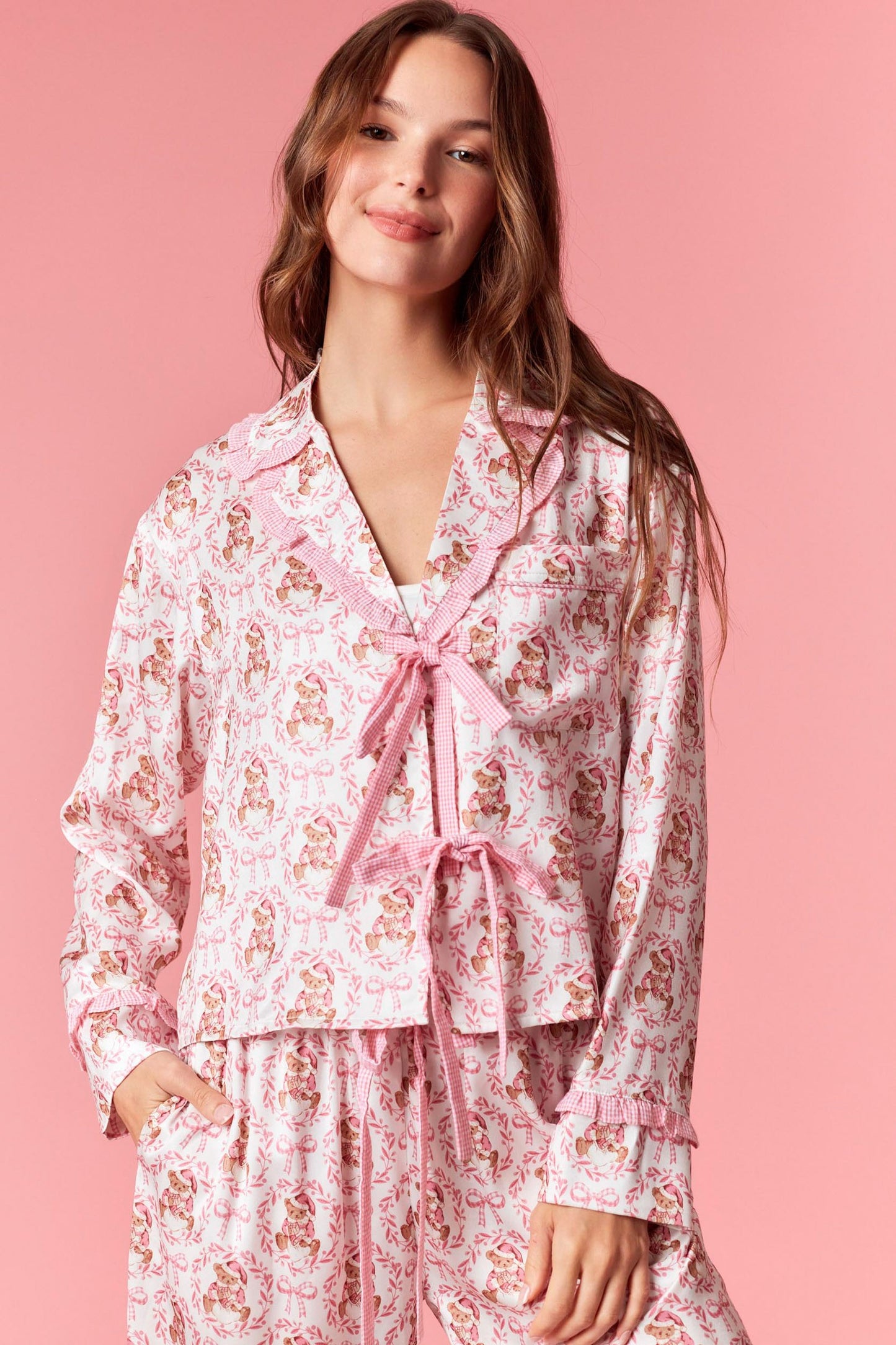 Bear & Bow Satin Ruffle Pj Set
