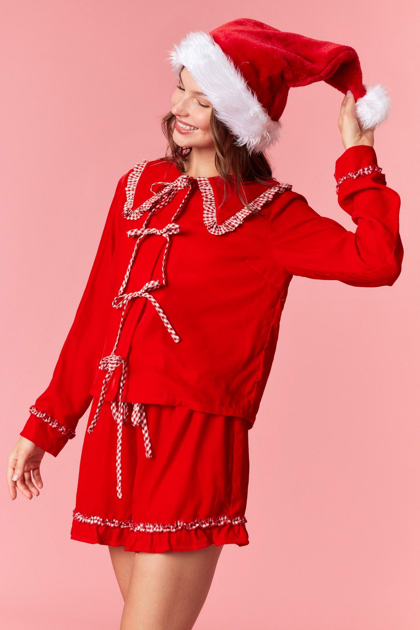 Gingham Ruffle Velvet Bow Pj Set