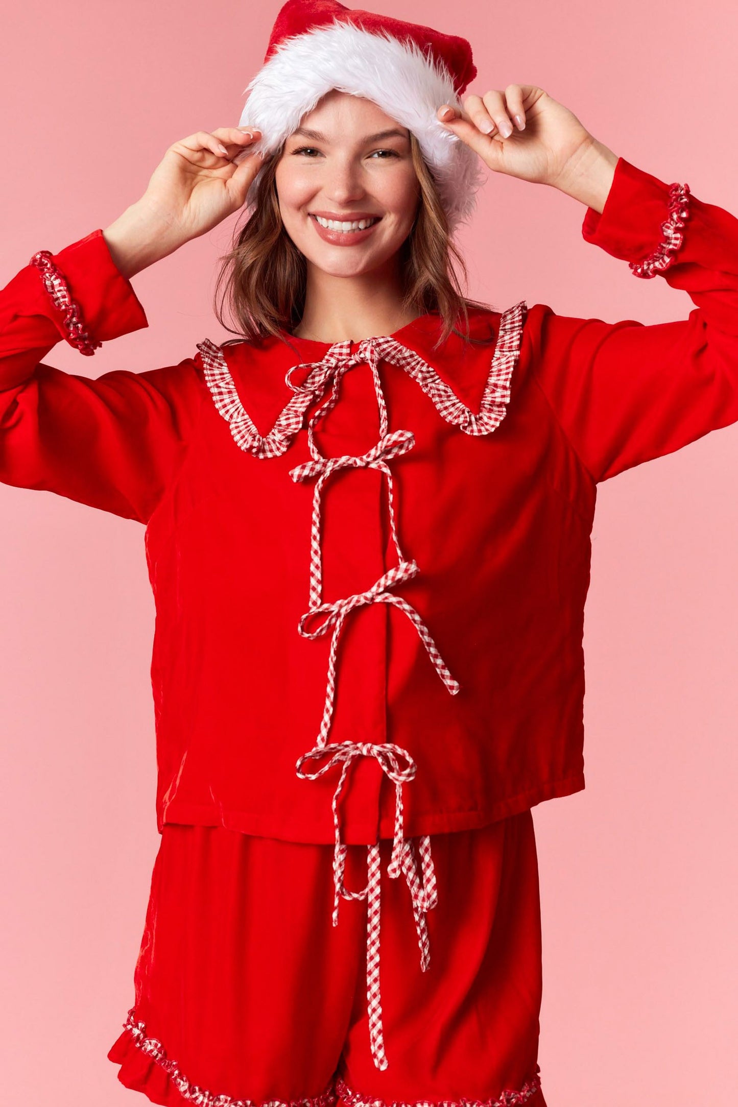 Gingham Ruffle Velvet Bow Pj Set