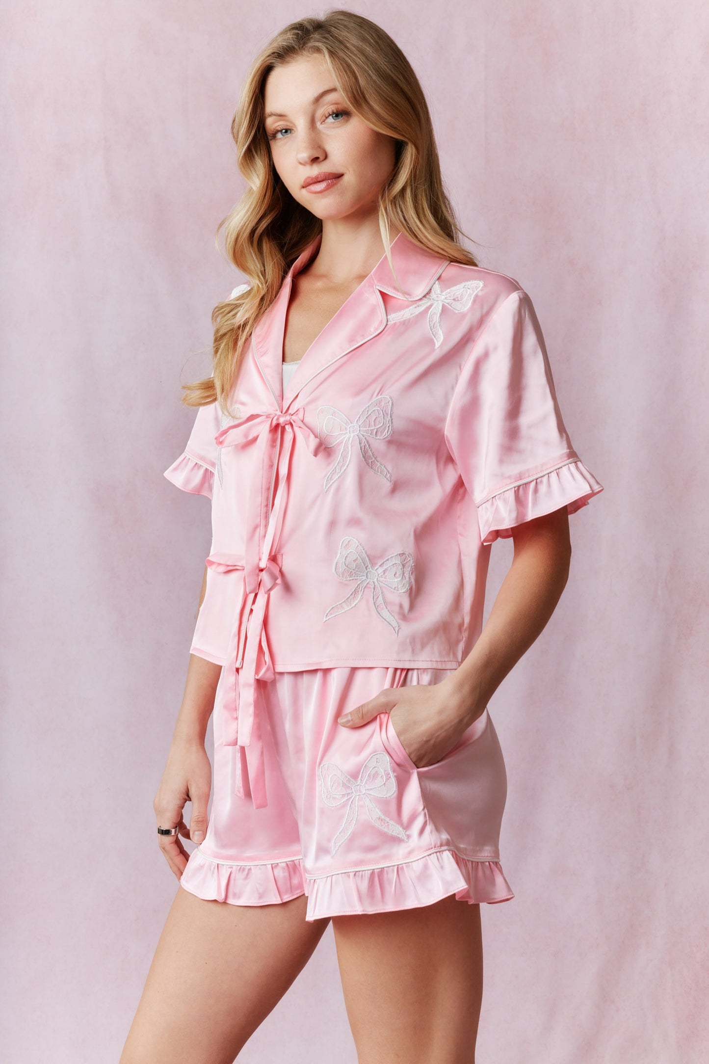 Lace Laser Cut Embroidery Satin Pajama Set