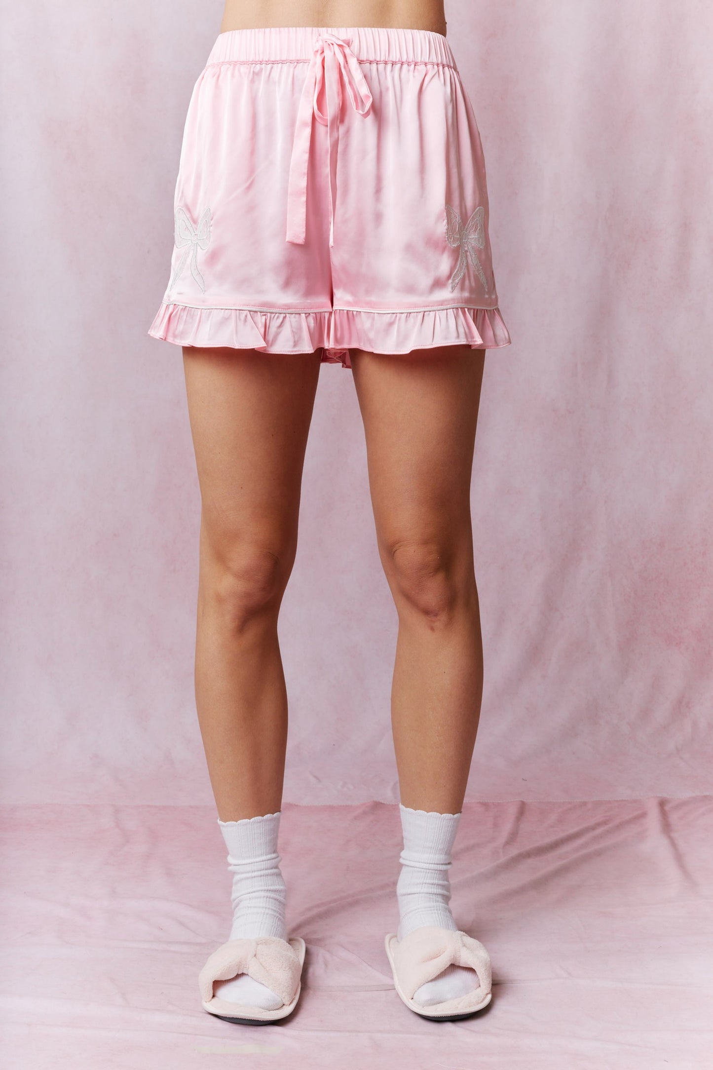 Lace Laser Cut Embroidery Satin Pajama Set