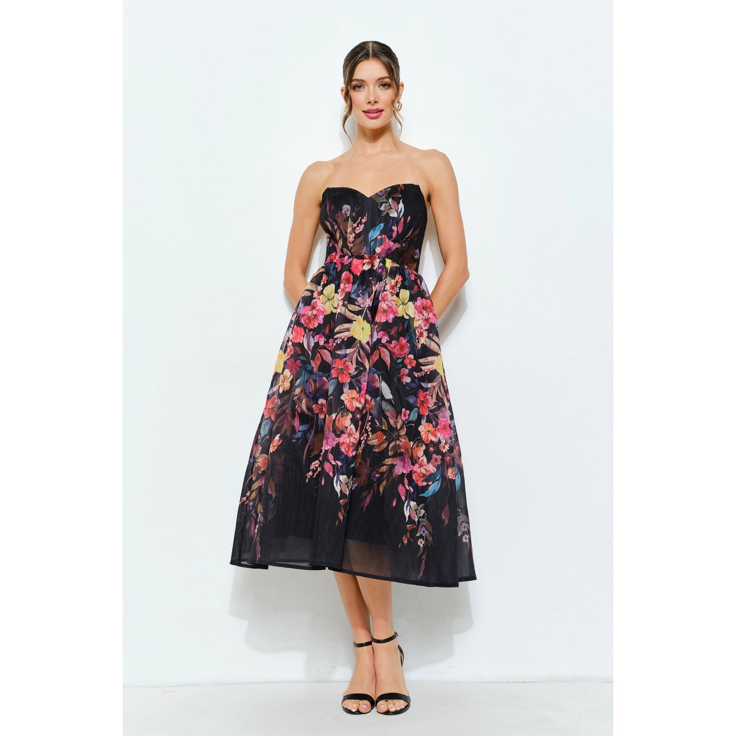 Sweetheart Strapless Floral Midi Dress