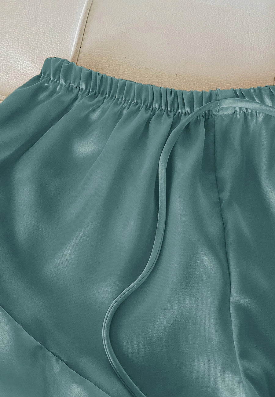 Satin Tank and Ruffle Hem Shorts: Teal