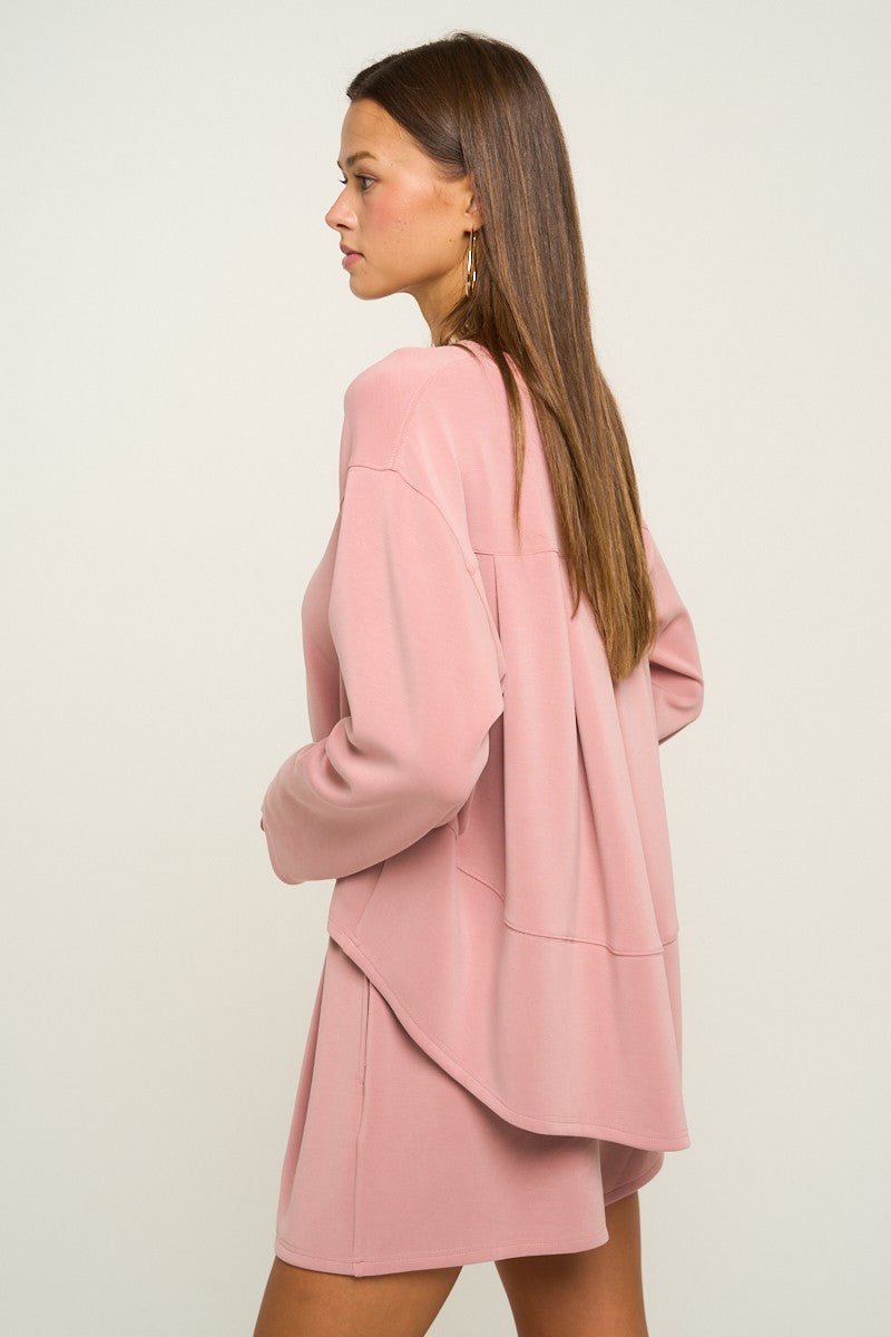 Ultra Soft Pleated Back Long Sleeve Top in Pink