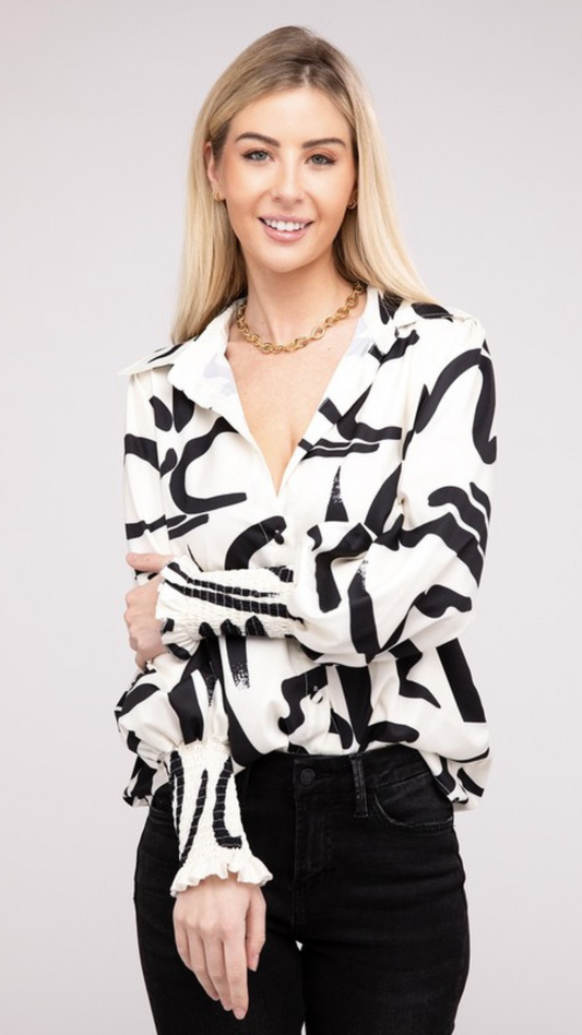 Geo Print Button Front Blouse