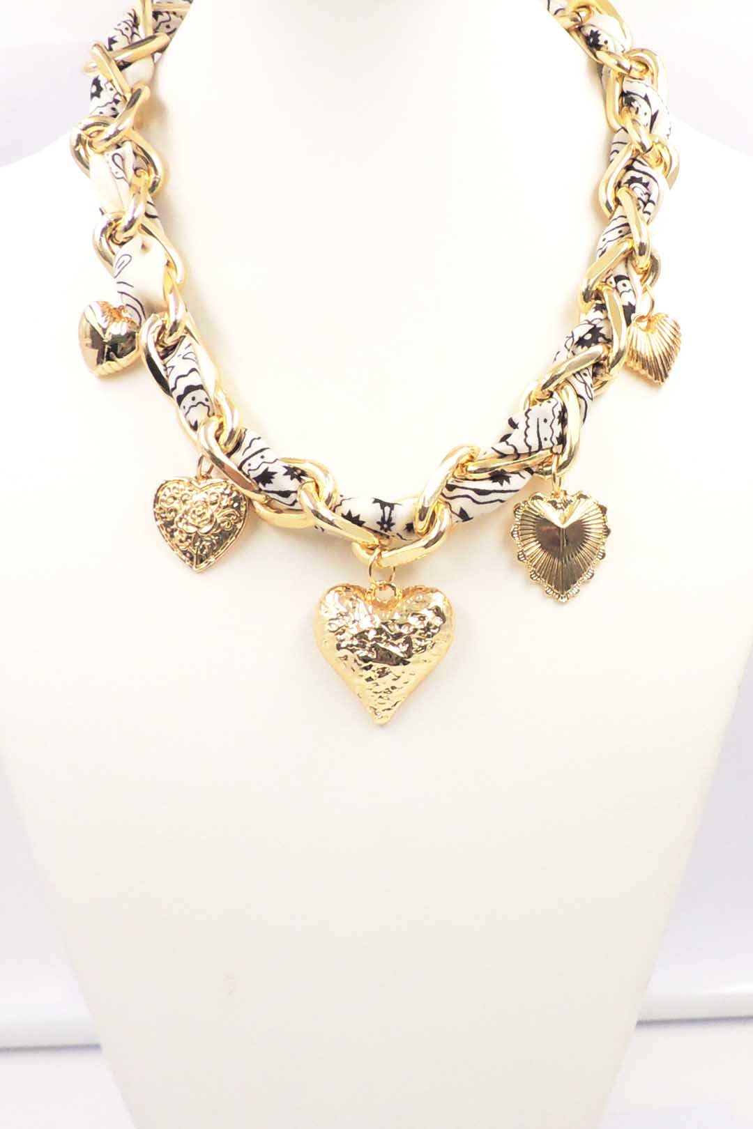 Gold Link Chain with White and Black Scarf Wrapped Charm Necklace