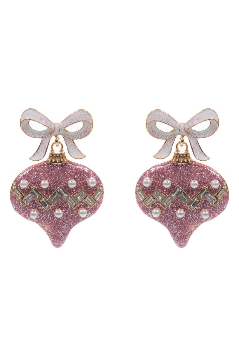 White Bow with Pink Glitter and Pearl Ornament 2" Christmas Earring