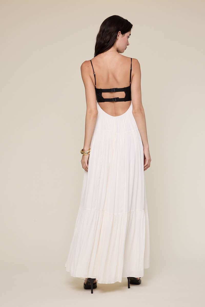 Leather Bra Top Silky Maxi Dress