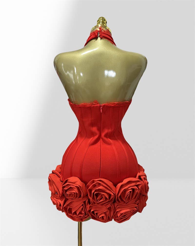 Elegant Red Halter Neck Lace Flower Bandage Skirt
