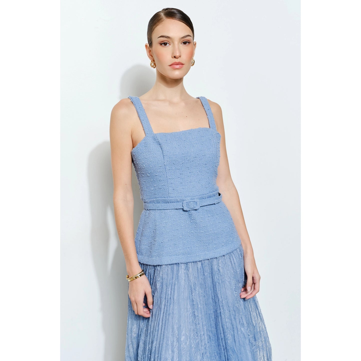 Belted Tweed Dress with Lace Pleats