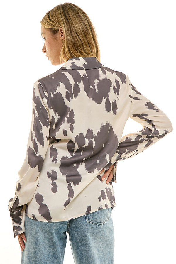 Cow Print Woven Button Up Top