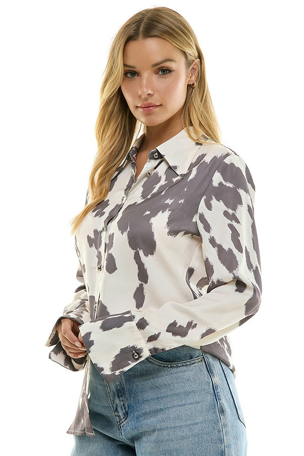 Cow Print Woven Button Up Top