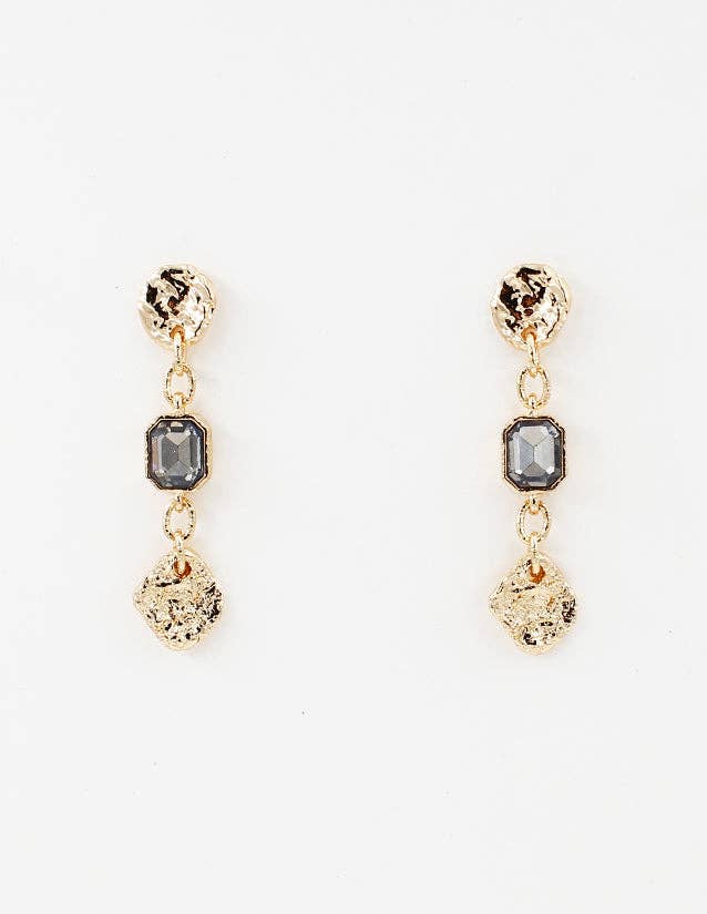 Gold Hammered Coin with Black Diamond Crystal Drop 2" Earring