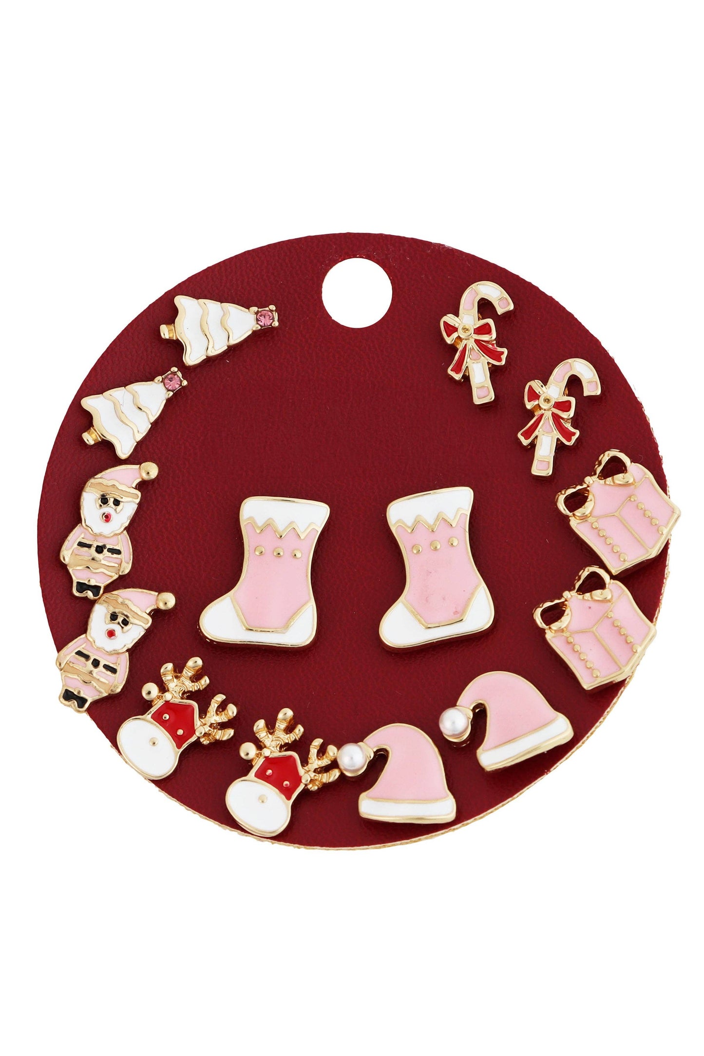Pink Christmas Stocking, Santas, Gifts, Set of 6 Stud Earrings