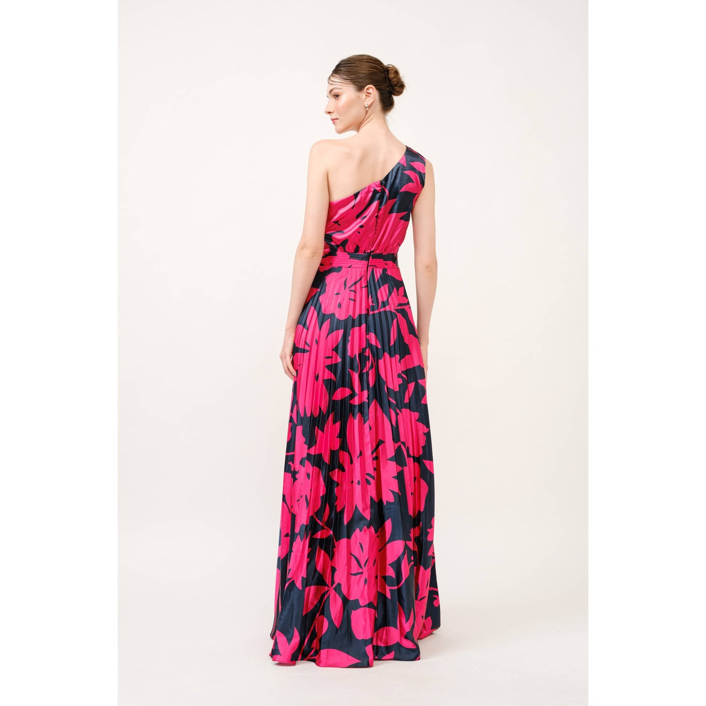 One Shoulder Satin Floral Print Pleated Maxi Dress