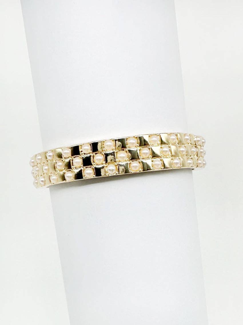 Gold with Pearl Squared Pattern Stretch Bracelet