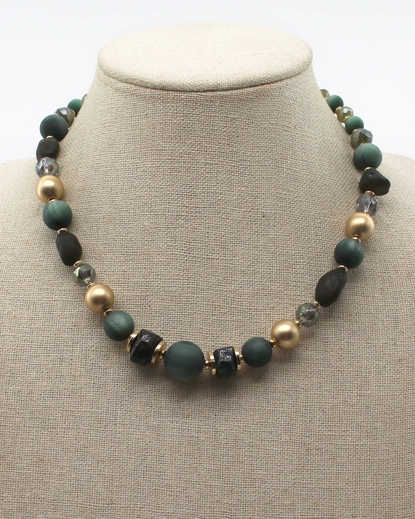 Green Natural Stone and Gold Beaded 16"-18" Necklace