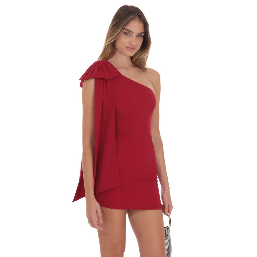 One Shoulder Bow Dress in Red