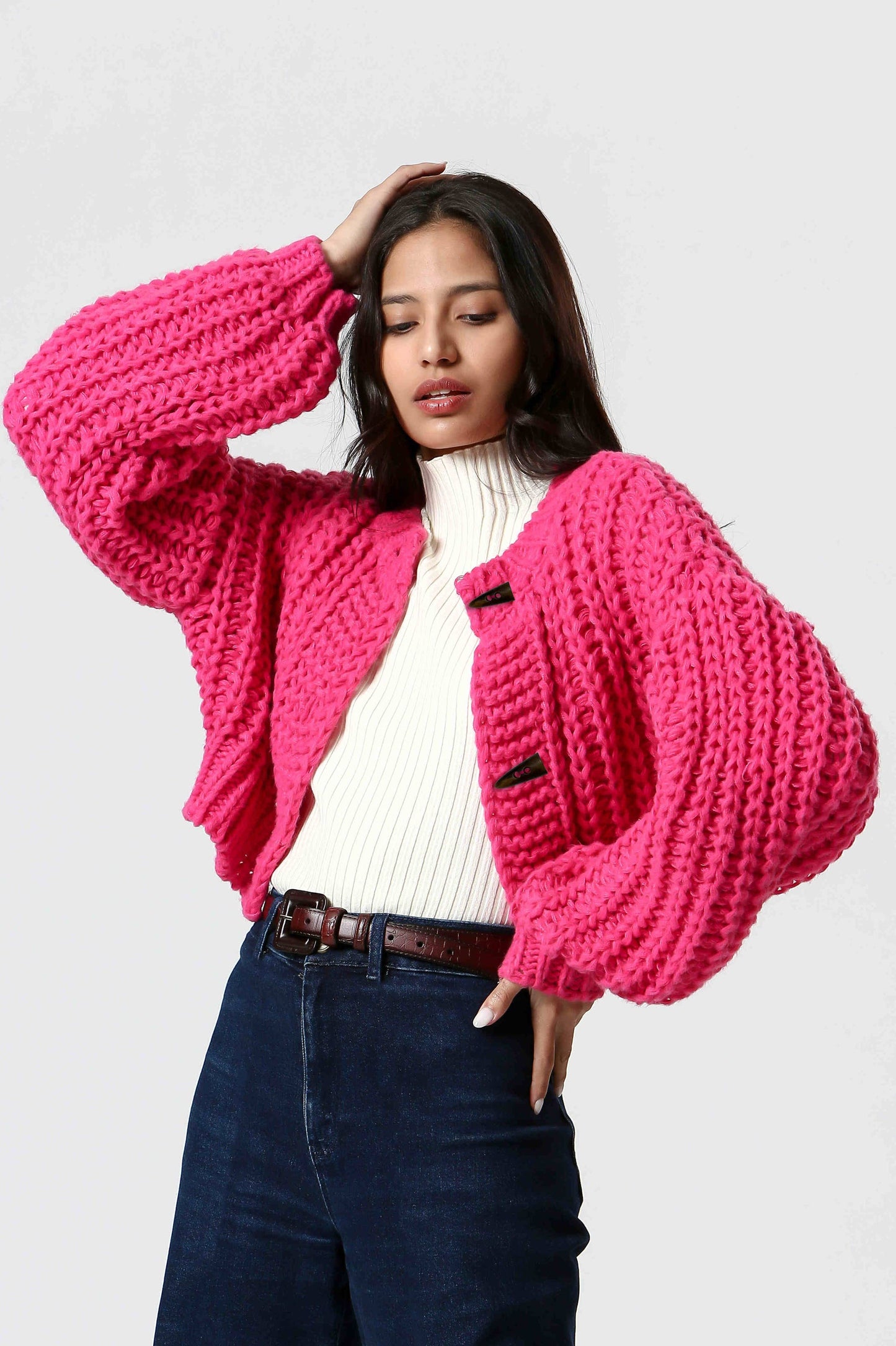 Ladies Cropped Button-Down Knit Cardigan