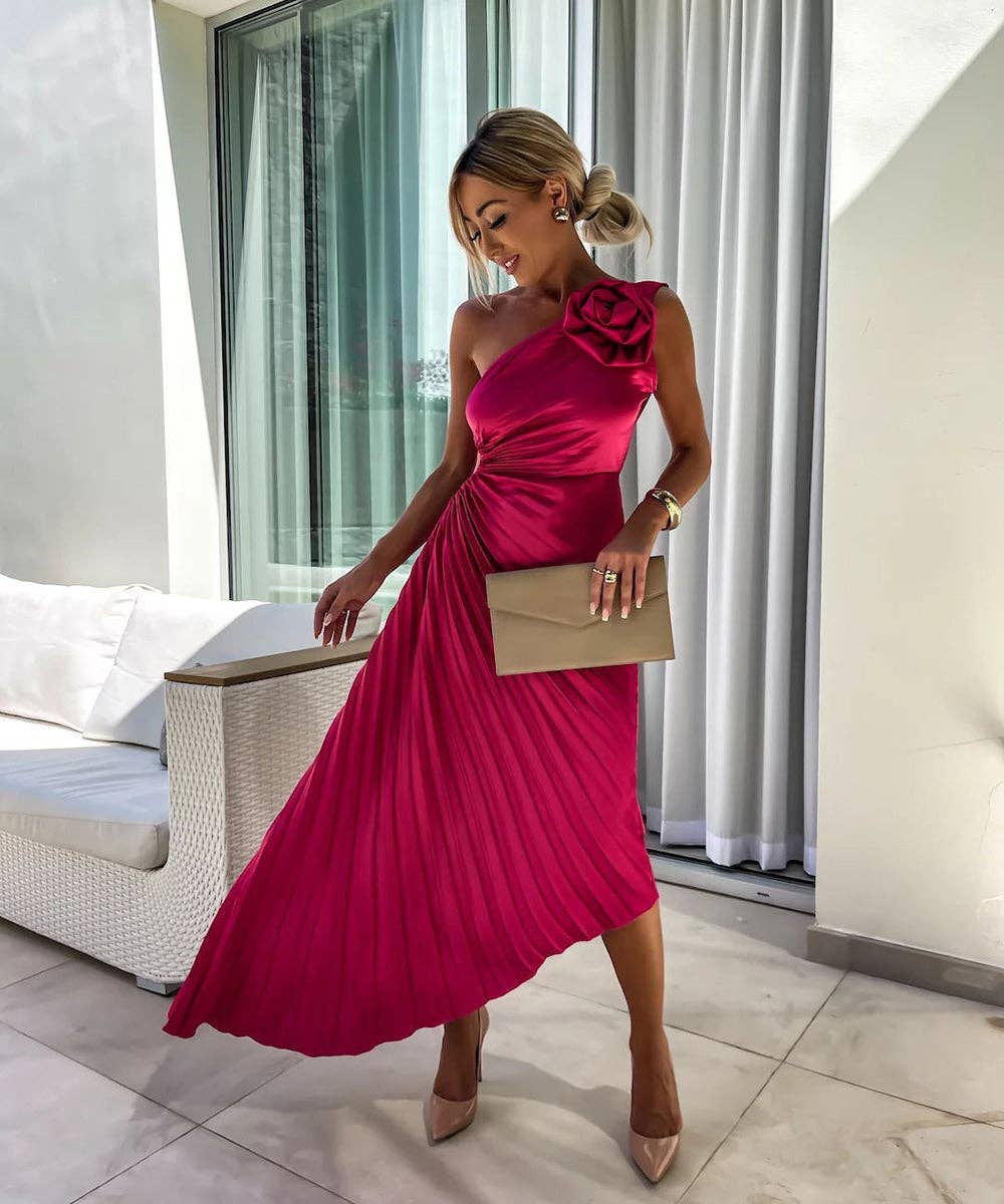 Asymmetric Shoulder Pleated Gown