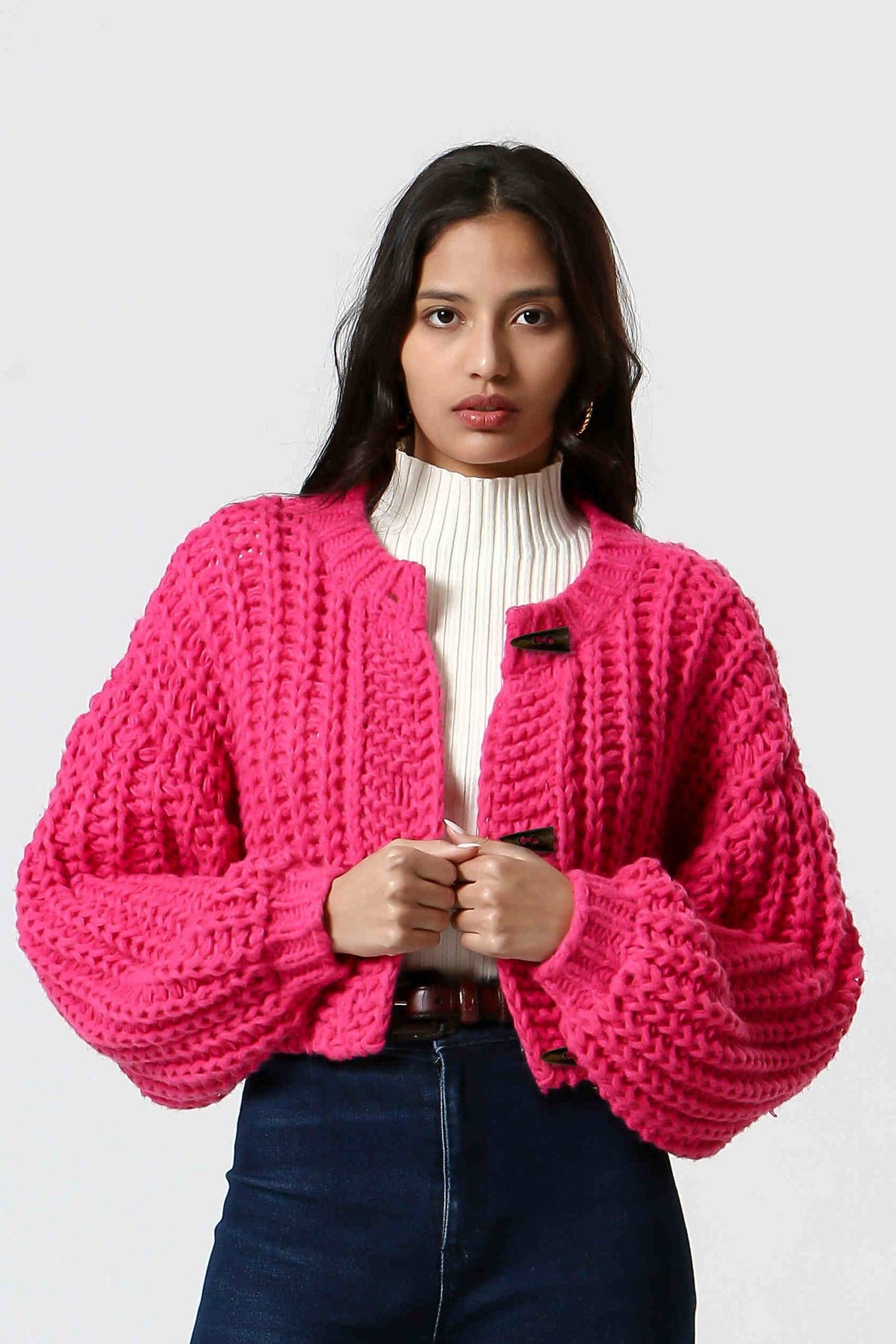 Ladies Cropped Button-Down Knit Cardigan