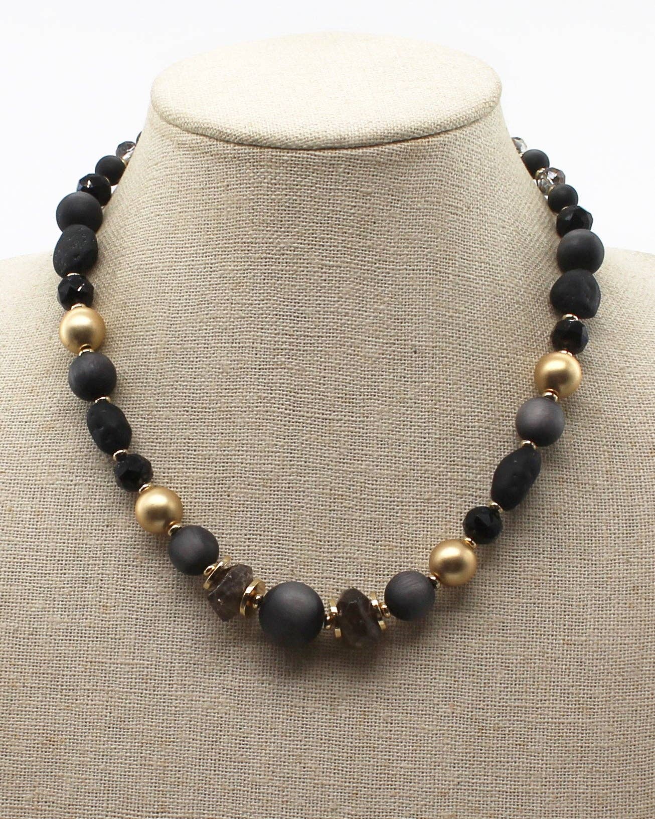 Black Natural Stone and Gold Beaded 16"-18" Necklace