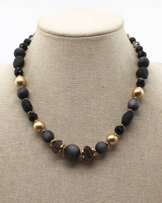Black Natural Stone and Gold Beaded 16"-18" Necklace