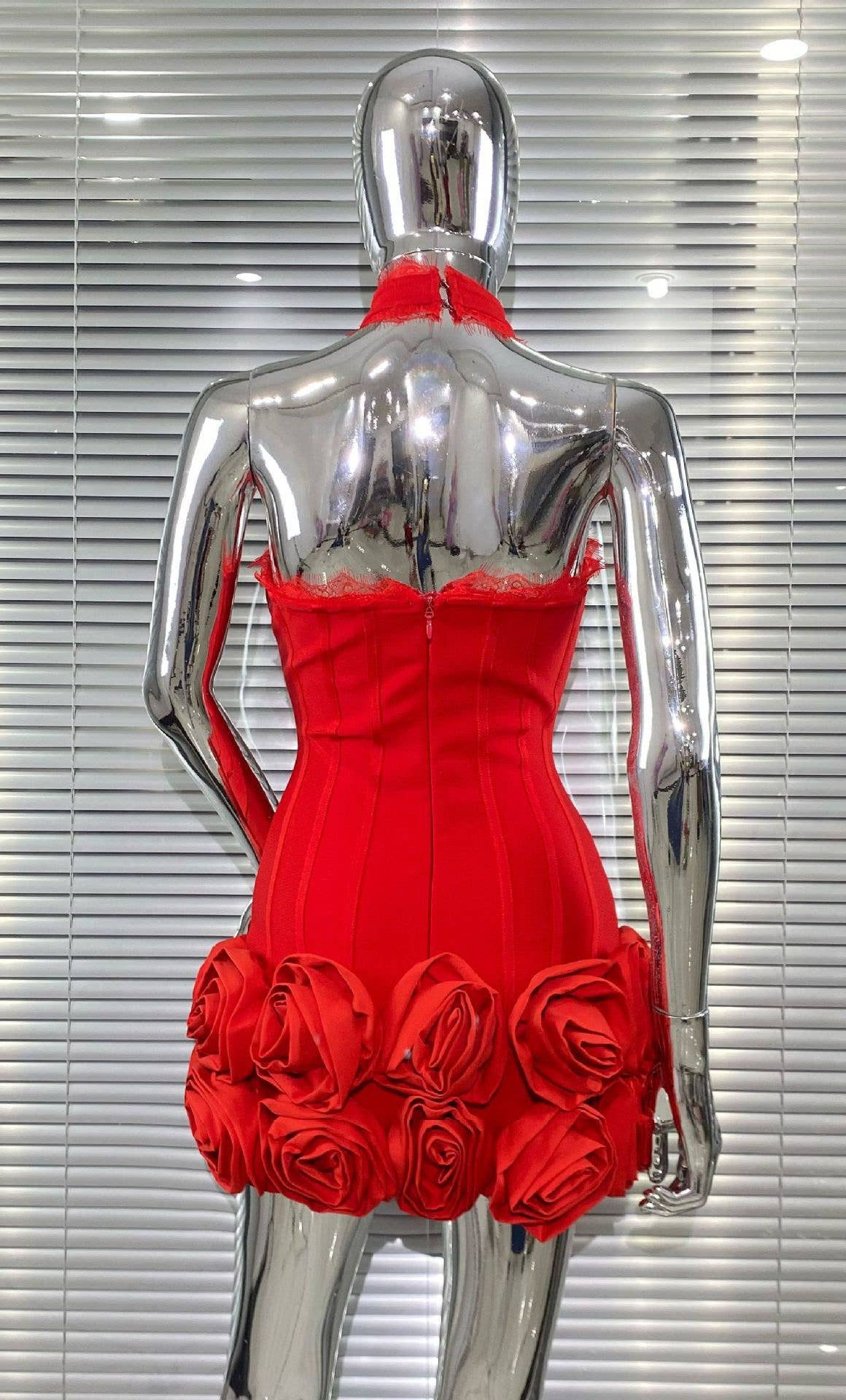 Elegant Red Halter Neck Lace Flower Bandage Skirt
