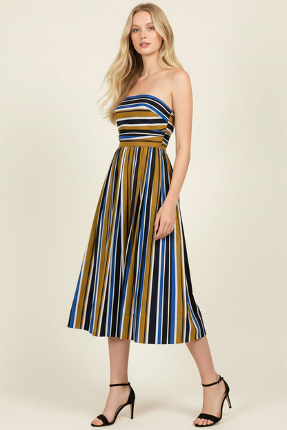 MULTI-COLOR STRIPE RUCHED TUBE MIDI DRESS - 6608DD