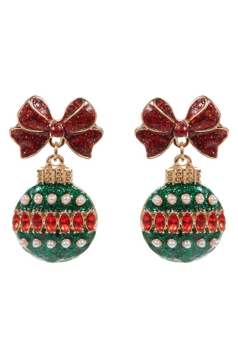 Red and Green Rhinestone Bow and Ornament Christmas 1.5" Earring